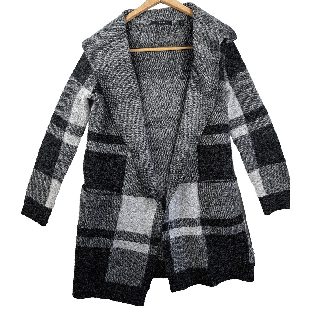 Cyrus Gray Black Plais Knit V-Neck Open Front Long Sleeve Cardigan Shawl Collar
